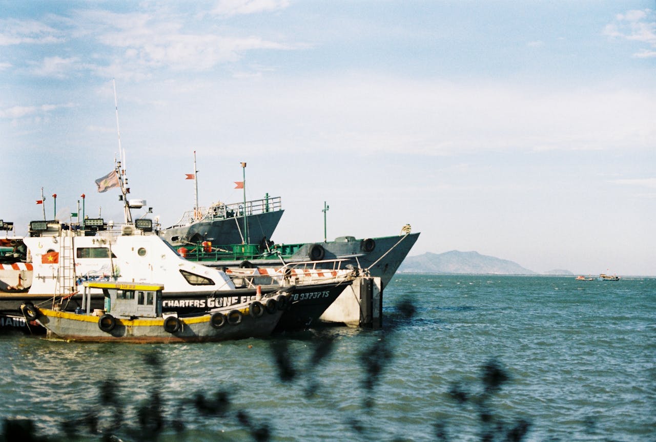 Serene harbor scene with fishing boats and distant mountains on a sunny day.